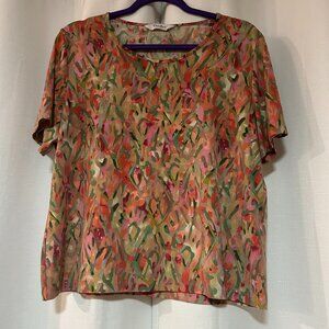 TanJay women blouse short sleeve multicolor L Petite Whimsy Fairy Boho abstract